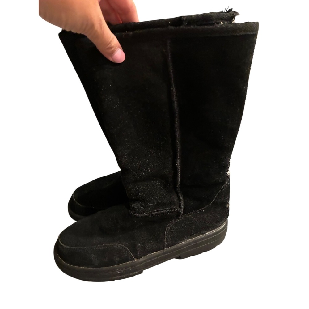 UGG Australia Black Suede Pony Hair Braided Embroidery Tall Boots Women Lug Sole